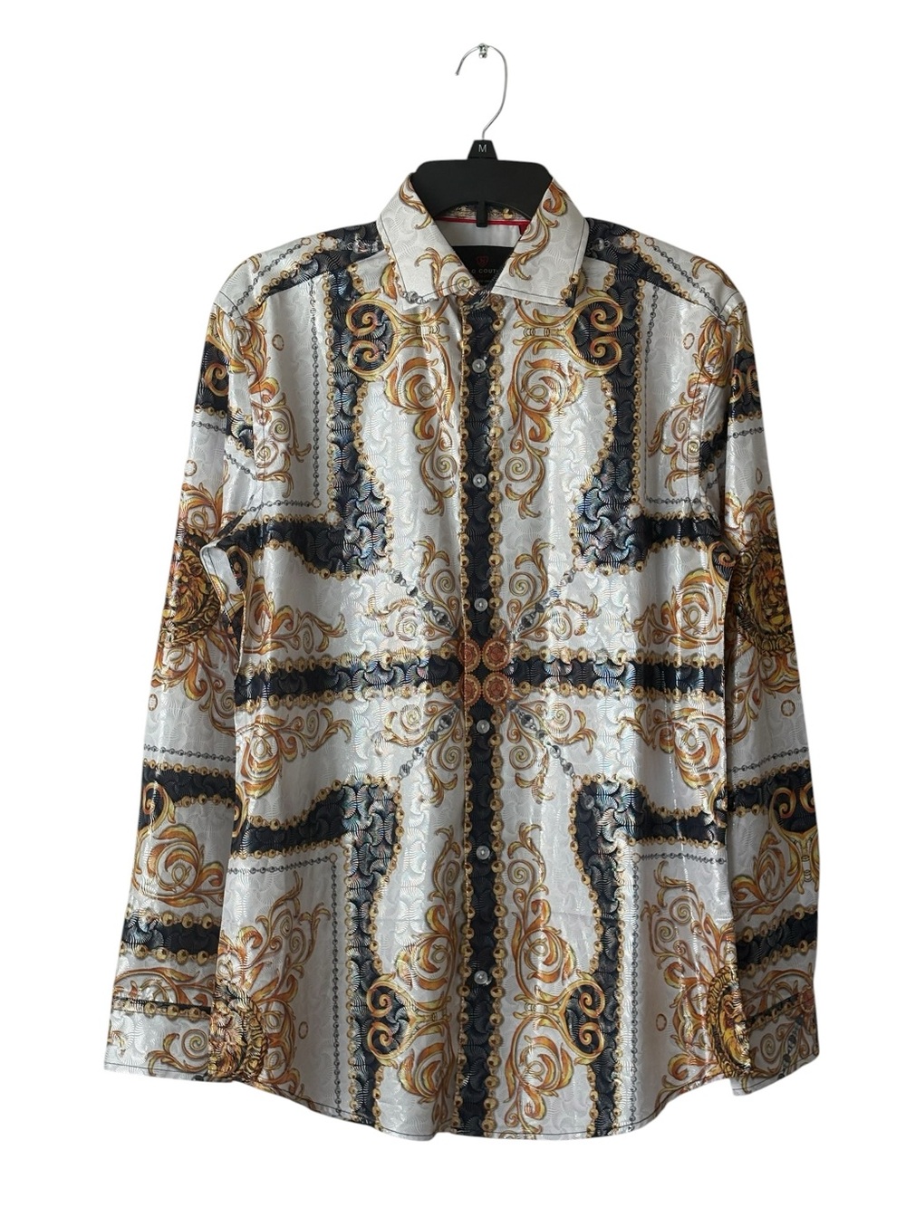 Suslo Couture Gold Chain Baroque Ornate Button Down Shirt Mens Medium Slim Fit